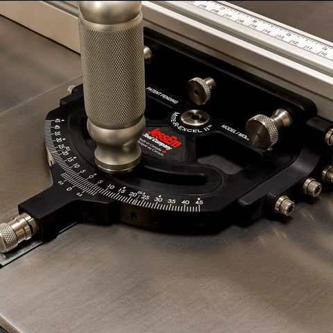 Beefy Precision Miter Gauge For Table Saws Featuring Heavy Duty Anodized Aluminum Construction With Adjustable Fence And Tight Micro Adjuster Setup on a table saw.