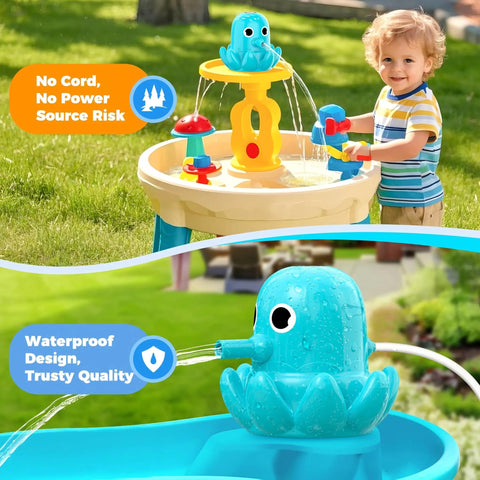 Toddler playing with Rechargeable Magnetic Octopus Water Table Pump With Continuous Flow installed on water table outdoors