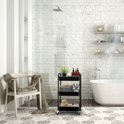 3 Tier Rolling Metal Storage Organizer Cart With Caster Wheels Mobile Utility Kitchen Cart for home use in bathroom setting