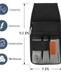 5 Pocket Tool Pouch With Heavy Duty Belt Clip For Tool Belts Up To 2 Inches Wide, dimensions listed, suitable for various trades