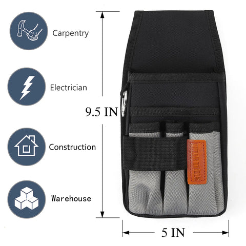 5 Pocket Tool Pouch With Heavy Duty Belt Clip For Tool Belts Up To 2 Inches Wide, dimensions listed, suitable for various trades