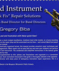 Back cover of the Hassle Free School Band Instrument Quick Fix Repair Guide featuring a trumpet and text with repair solutions.