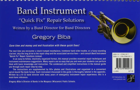 Back cover of the Hassle Free School Band Instrument Quick Fix Repair Guide featuring a trumpet and text with repair solutions.