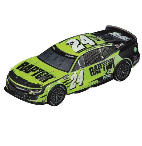 Electric Powered Slot Car Racing Set With 2 Hand Controllers And 2 Cars In 1 To 43 Scale For Kids Featuring NASCAR Watkins Glen Duel On A Realistic Track, featuring a green race car model