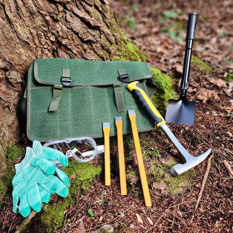 Deluxe Rockhound And Rock Mining Kit For Pros And Hobbyists 15 Piece Set With Hammer Chisels In 8 10 And 12 Inch Sizes Musette Bag