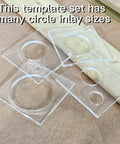 Pro Pick Heavy Duty Circular Inlay Router Template Set For Woodworking Hardwood Crafts Crystal Clear Acrylic jig kit showcasing multiple circle inlay sizes on wood.