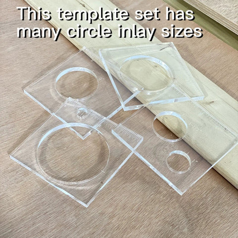 Pro Pick Heavy Duty Circular Inlay Router Template Set For Woodworking Hardwood Crafts Crystal Clear Acrylic jig kit showcasing multiple circle inlay sizes on wood.