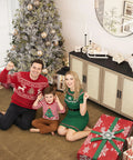 Family sitting by Christmas tree with Buffet Cabinet With Storage And Rattan Doors 48 Inch Sideboard visible in background