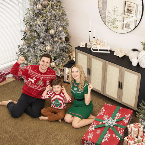Family sitting by Christmas tree with Buffet Cabinet With Storage And Rattan Doors 48 Inch Sideboard visible in background