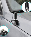 Mobile Ham Radio Antenna Dual Band VHF UHF 136-174 MHz 400-470 MHz with lip mount on car hood detail view.