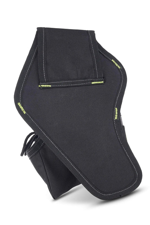 Side view of Electrician Tool Pouch With Belt Clip And Multi Pocket Utility Bag For Pro Builders Durable Construction Organizer With 7 Pockets And Carabiner Water Resistant Belt Pouch For Men On Job Sites, showing sturdy black design.