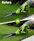 Ultra Sharp 15 Inch Grass Shears with 360 Degree Swivel Blades showing before and after precise lawn trimming results