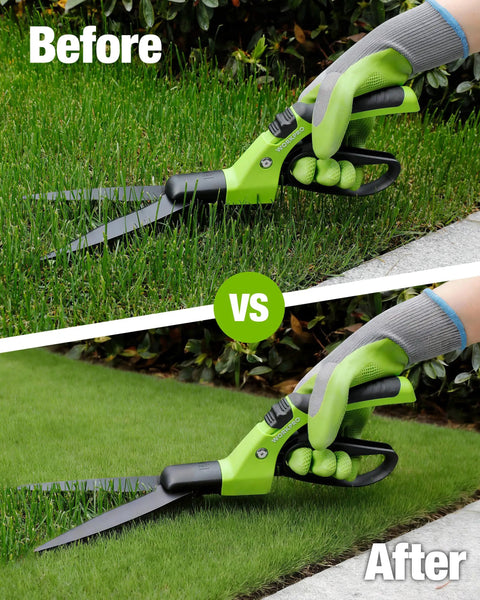 Ultra Sharp 15 Inch Grass Shears with 360 Degree Swivel Blades showing before and after precise lawn trimming results