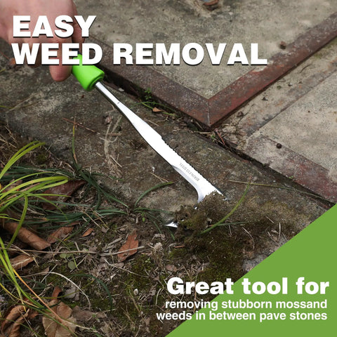 Crack Weeder 12 Inch Stainless Steel Crevice Tool With Soft Grip Handle L Shaped Sidewalk Weed Puller in use on patio