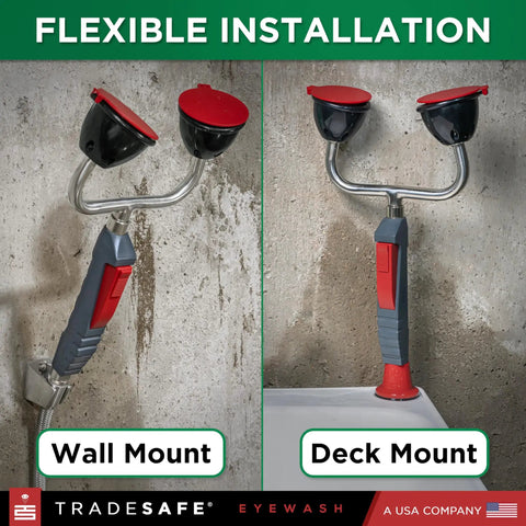 Go To Heavy Duty Eye Wash Station With Dual Head Drench Hose For Emergency Use, shown wall and deck mounted