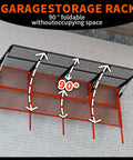 Beefy Heavy Duty Foldable Garage Shelves Wall Mounted Rack System with removable edge barriers installed on brick wall.