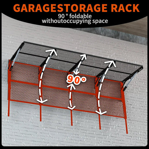 Beefy Heavy Duty Foldable Garage Shelves Wall Mounted Rack System with removable edge barriers installed on brick wall.
