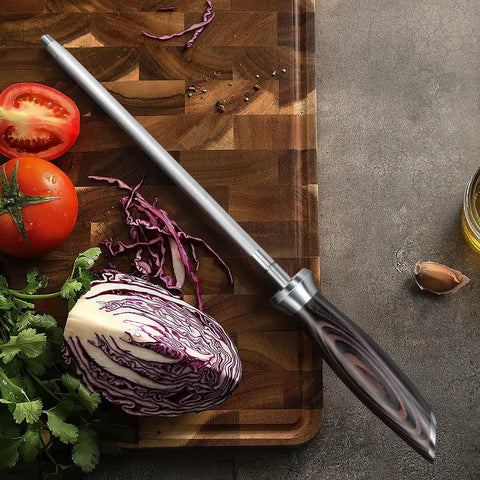 10 Inch Professional Kitchen Knife Sharpener Rod For All Chef Knives With Japanese High Carbon Steel Ergonomic Pakkawood Handle 