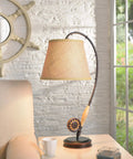 Fly Rod Table Lamp in Oil Rubbed Bronze With Wood Accent Finish, Rustic Lodge Style, 27.5 Inch Tall Drum Shade on side table