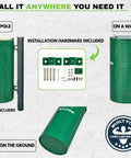 Weather Resistant Green Steel Dog Waste Station With 13.5 Gallon Capacity Outdoor Poop Trash Can For Parks Trails And Public Areas Built From Galvanized Steel With Rugged Powder Coat Finish That Keeps It Looking Sharp, mounted options and installation hardware displayed