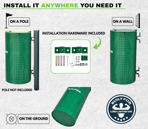 Weather Resistant Green Steel Dog Waste Station With 13.5 Gallon Capacity Outdoor Poop Trash Can For Parks Trails And Public Areas Built From Galvanized Steel With Rugged Powder Coat Finish That Keeps It Looking Sharp, mounted options and installation hardware displayed