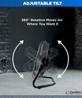 18-Inch High-Velocity Industrial Floor Fan with heavy-duty metal frame, 180-degree tilt, shown in adjustable position for cooling