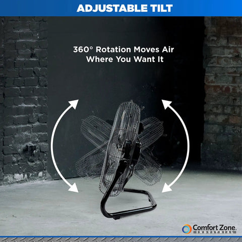 18-Inch High-Velocity Industrial Floor Fan with heavy-duty metal frame, 180-degree tilt, shown in adjustable position for cooling