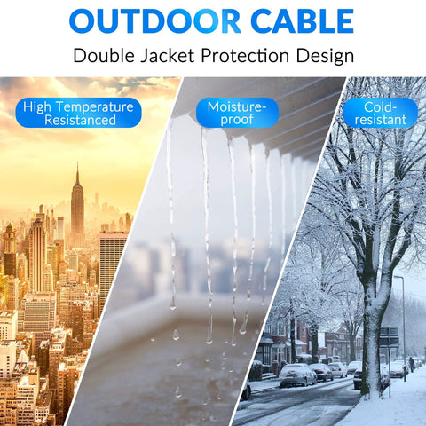 Weather-resistant features of Heavy Duty Cat6 Outdoor Ethernet Cable With UV Resistant Jacket For Direct Burial Waterproof And Weather Tough Built To Last PoE Ready And Backward Compatible With Cat5e Cat5 Networks 25 Ft To 500 Ft Options Includes 25 Ties