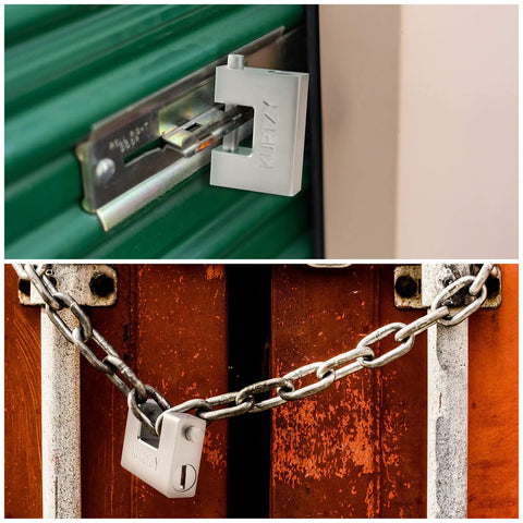 Heavy Duty 1kg Padlock With 5 Keys securing a garage and container, showcasing a hardened chrome steel monoblock lock and 12mm thick shackle.