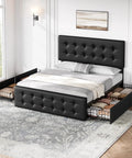 Absolute Game Changer Queen Size Platform Bed Frame With Durable Faux Leather Headboard And Four Smooth Roll Out Storage Drawers For Effortless Room Makeovers In Matte Black viewed from the side with drawers open.