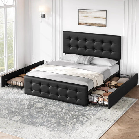 Absolute Game Changer Queen Size Platform Bed Frame With Durable Faux Leather Headboard And Four Smooth Roll Out Storage Drawers For Effortless Room Makeovers In Matte Black viewed from the side with drawers open.
