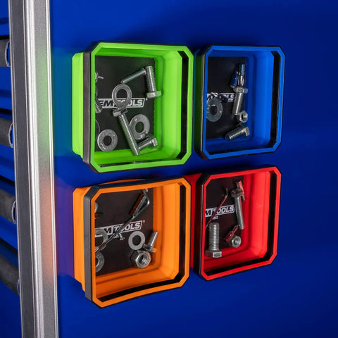 Four color-coded Foldable Magnetic Parts Tray Set For Mechanics Collapsible Square Tray With Two Pound Capacity holding bolts