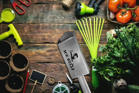 Gardening tools on wooden table with Hardworking Handheld Spreader for Salt Sand Fertilizer Seed and Feed Multi Use Scoop Shaker.