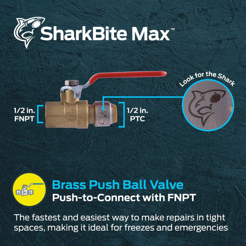 Max One Half Inch By One Half Inch Ball Valve With FNPT Connector Push To Connect Brass Plumbing Fitting For PEX Copper CPVC PE-RT HDPE SDR-9 Pipes UR22182A Easy Quick Install No Solder Or Glue Needed brass push ball valve image