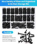 Top Tier 550 Piece Tough As Nails Black 304 Stainless Steel Wood Screw Assortment Kit organized in a storage bin, assorted sizes.