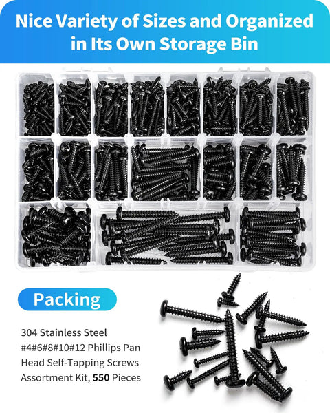 Top Tier 550 Piece Tough As Nails Black 304 Stainless Steel Wood Screw Assortment Kit organized in a storage bin, assorted sizes.