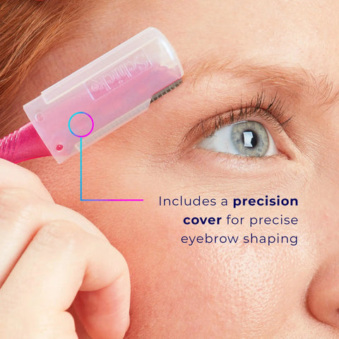 Close-up of Hydro Silk Touch Up Dermaplane Razor With Precision Cover used for eyebrow shaping, highlighting the precision tip.