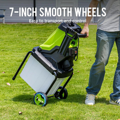 Person using Electric Wood Chipper Shredder With 55L Collection Bin, 15 Amp Motor Up To 4000 RPM, Dual SK5 Steel Blades