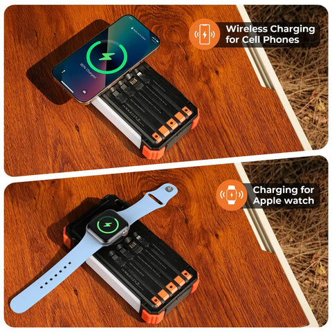 Beast Power Bank 20000mAh with built-in cables and wireless Apple Watch charger on a table charging phone and watch