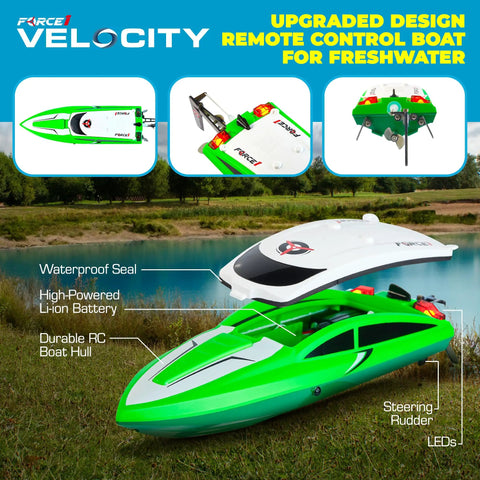 Diagram of Velocity Green Fast RC Boat For Pools And Lakes High Speed Remote Control Boat For Grownups And Kiddos details and features