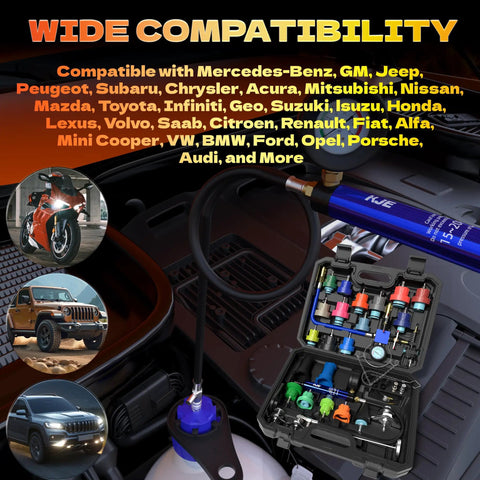 31 Piece Coolant Pressure Tester Kit With Radiator Adapters And Vacuum Refill Tool For Automotive Cooling System Leak Detection And Easy Refilling On The Go, for wide vehicle compatibility