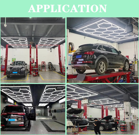 Ultra Bright Led Garage Lights With Hexagonal Grid System For Large Garage Or Workshop installed in car service area