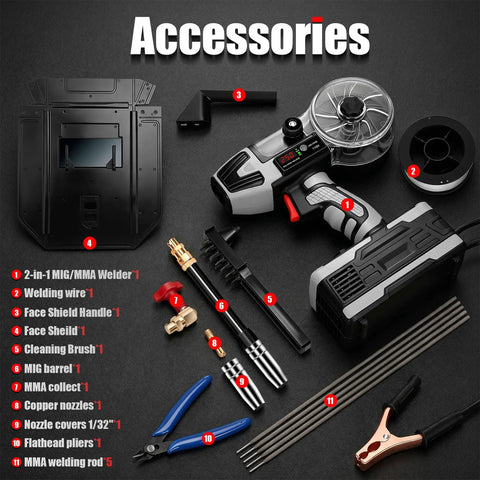 2 in 1 Handheld MIG and Stick Welder Workhorse Portable 250A Flux Core Gasless Welder and accessories on display