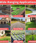 Applications of Heavy Duty Weed Barrier Landscape Fabric 3Ft By 300Ft With Visual Planting Grid for gardens, driveways, and more.