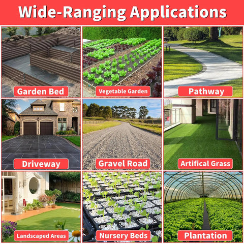 Applications of Heavy Duty Weed Barrier Landscape Fabric 3Ft By 300Ft With Visual Planting Grid for gardens, driveways, and more.
