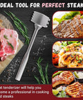 Dual-Sided Aluminum Meat Mallet Tenderizer For Steaks Veal And Chicken on dark wood with herbs and seasoned meat pieces
