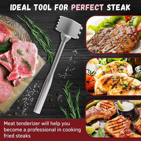 Dual-Sided Aluminum Meat Mallet Tenderizer For Steaks Veal And Chicken on dark wood with herbs and seasoned meat pieces