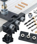 3 In 1 Dowel Jig Kit with Pocket Hole Locator and Adjustable Drill Guide, aluminum, includes 8mm, 10mm, 15mm bits, stop block.