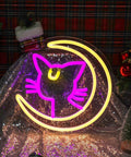 Anime Luna Neon Sign LED Dimmable Moon Cat Night Light with pink and yellow glow for bedroom wall decor lit pink kawaii neon light