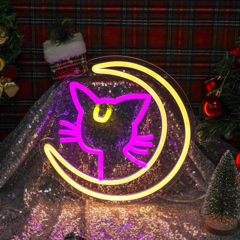 Anime Luna Neon Sign LED Dimmable Moon Cat Night Light with pink and yellow glow for bedroom wall decor lit pink kawaii neon light